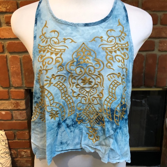 Tied Dye Embroidered Cropped BoHo Hipped Tank Top - Picture 6 of 8